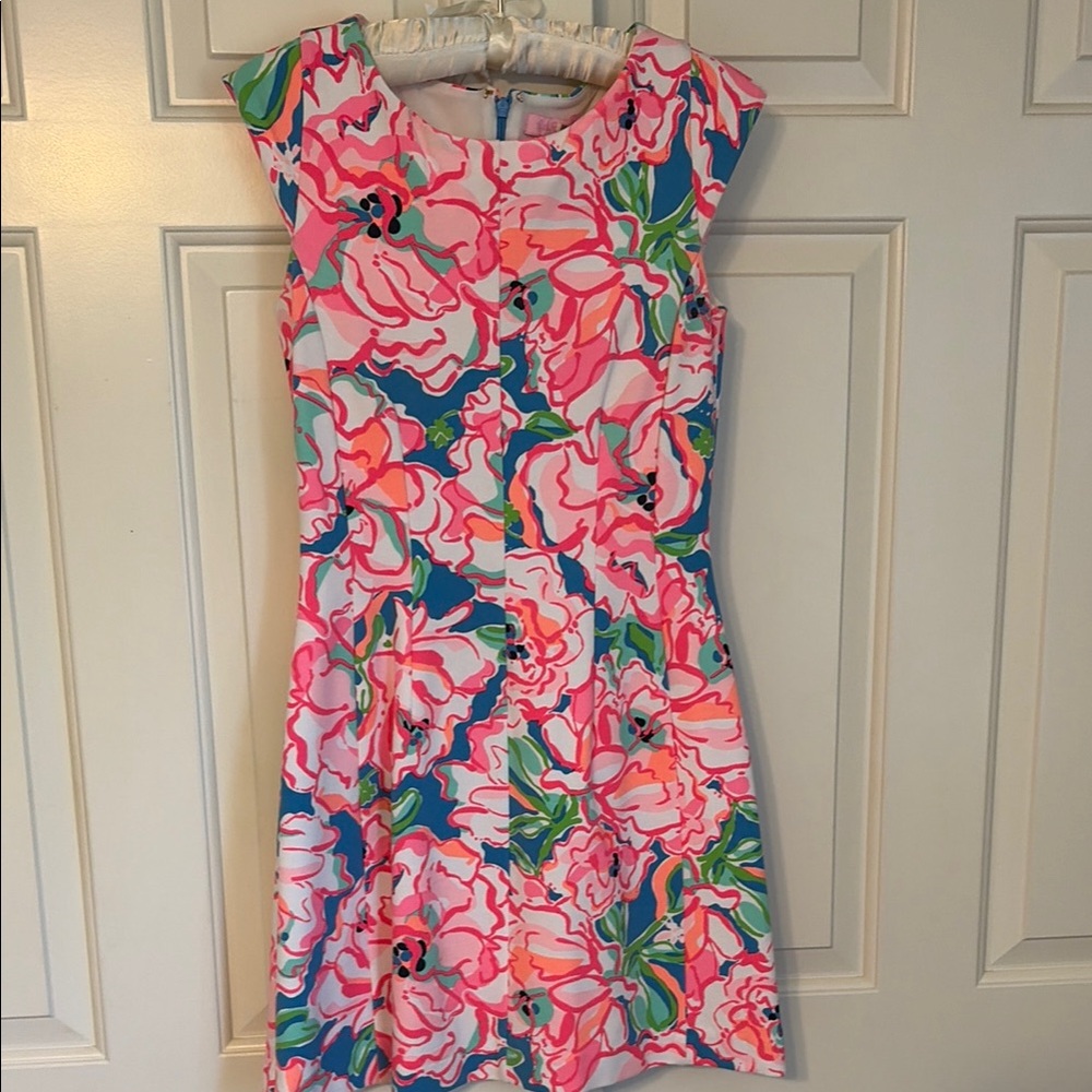Vibrant Pink & Blue Floral Cap-Sleeve Mini Dress